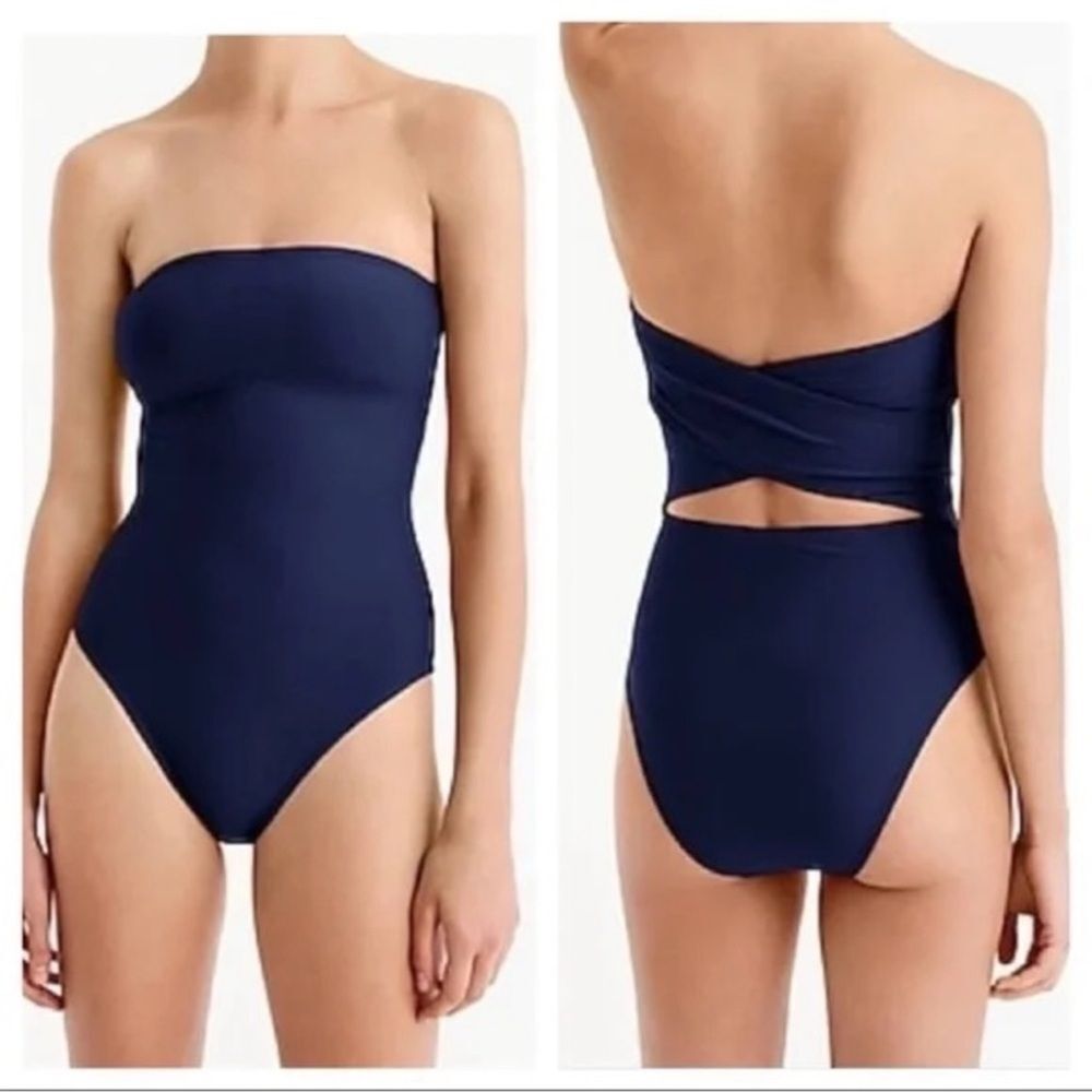 J Crew Women's Cross Back Bandeau Onepiece Swimsuit 16 Blue Beach Chic Summer